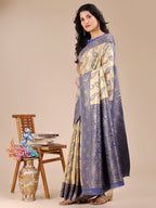 Shree Shyam Fashion Cream & Navy Blue Banarasi silk Woven Zari Work Traditional Tassel Saree | Grocsy