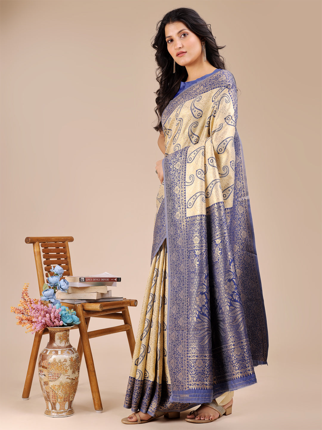 Shree Shyam Fashion Cream & Navy Blue Banarasi silk Woven Zari Work Traditional Tassel Saree | Grocsy