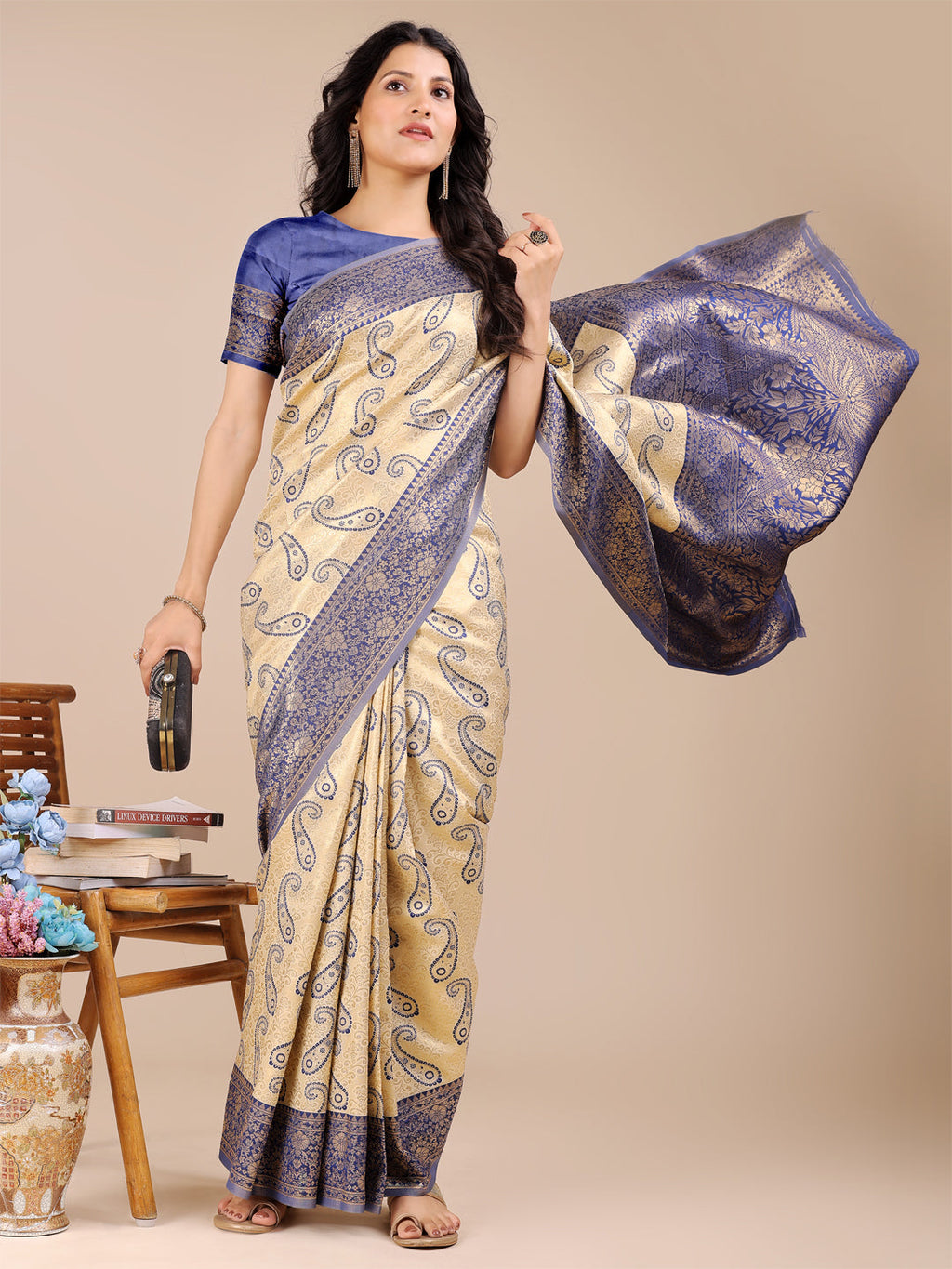 Shree Shyam Fashion Cream & Navy Blue Banarasi silk Woven Zari Work Traditional Tassel Saree | Grocsy