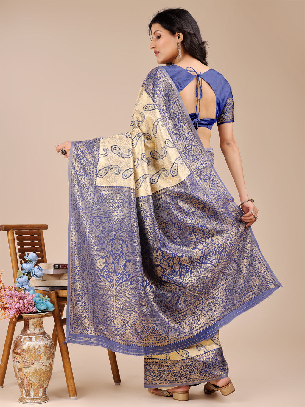 Shree Shyam Fashion Cream & Navy Blue Banarasi silk Woven Zari Work Traditional Tassel Saree | Grocsy