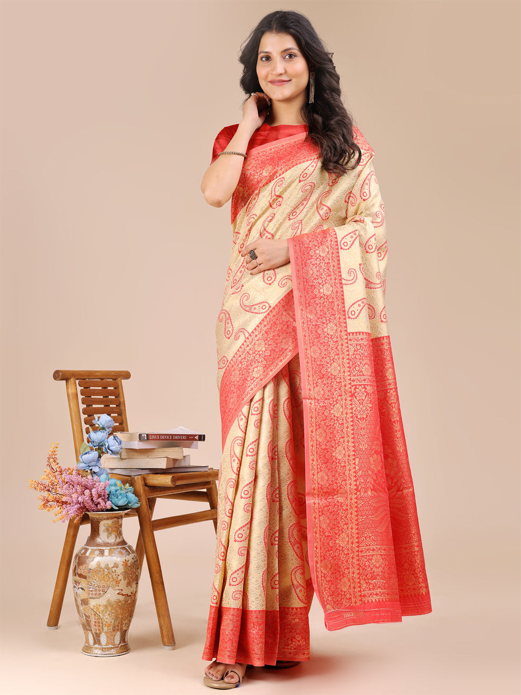 Shree Shyam Fashion Cream & Red Banarasi silk Woven Zari Work Traditional Tassel Saree | Grocsy