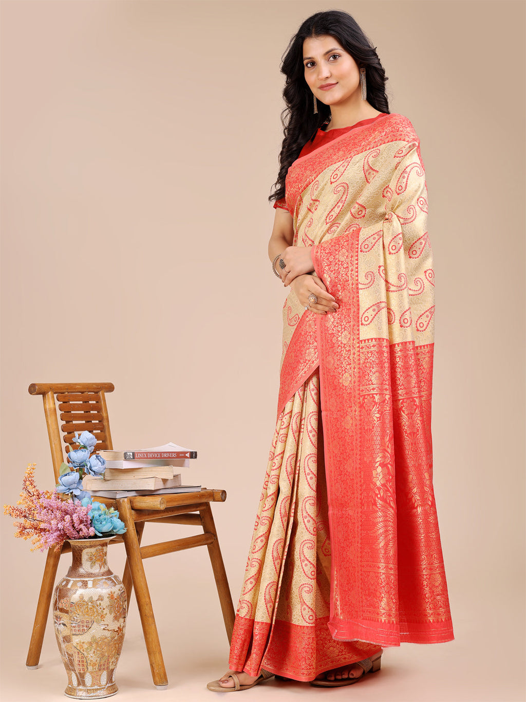 Shree Shyam Fashion Cream & Red Banarasi silk Woven Zari Work Traditional Tassel Saree | Grocsy