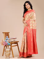 Shree Shyam Fashion Cream & Red Banarasi silk Woven Zari Work Traditional Tassel Saree | Grocsy