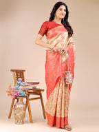 Shree Shyam Fashion Cream & Red Banarasi silk Woven Zari Work Traditional Tassel Saree | Grocsy