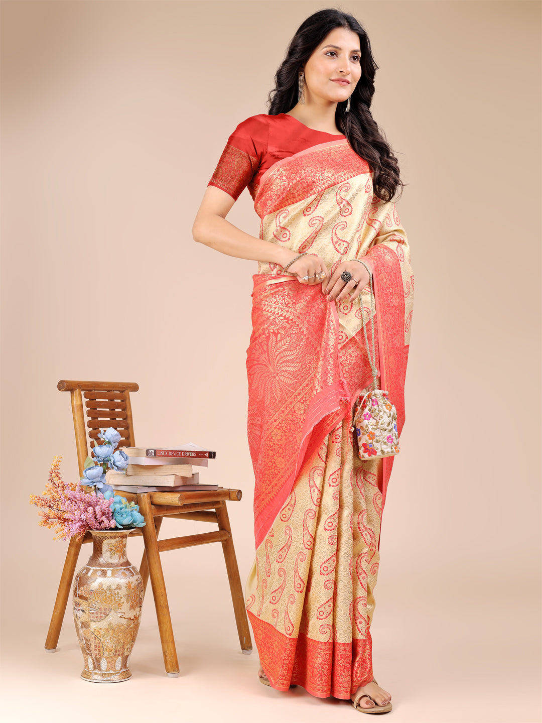 Shree Shyam Fashion Cream & Red Banarasi silk Woven Zari Work Traditional Tassel Saree | Grocsy