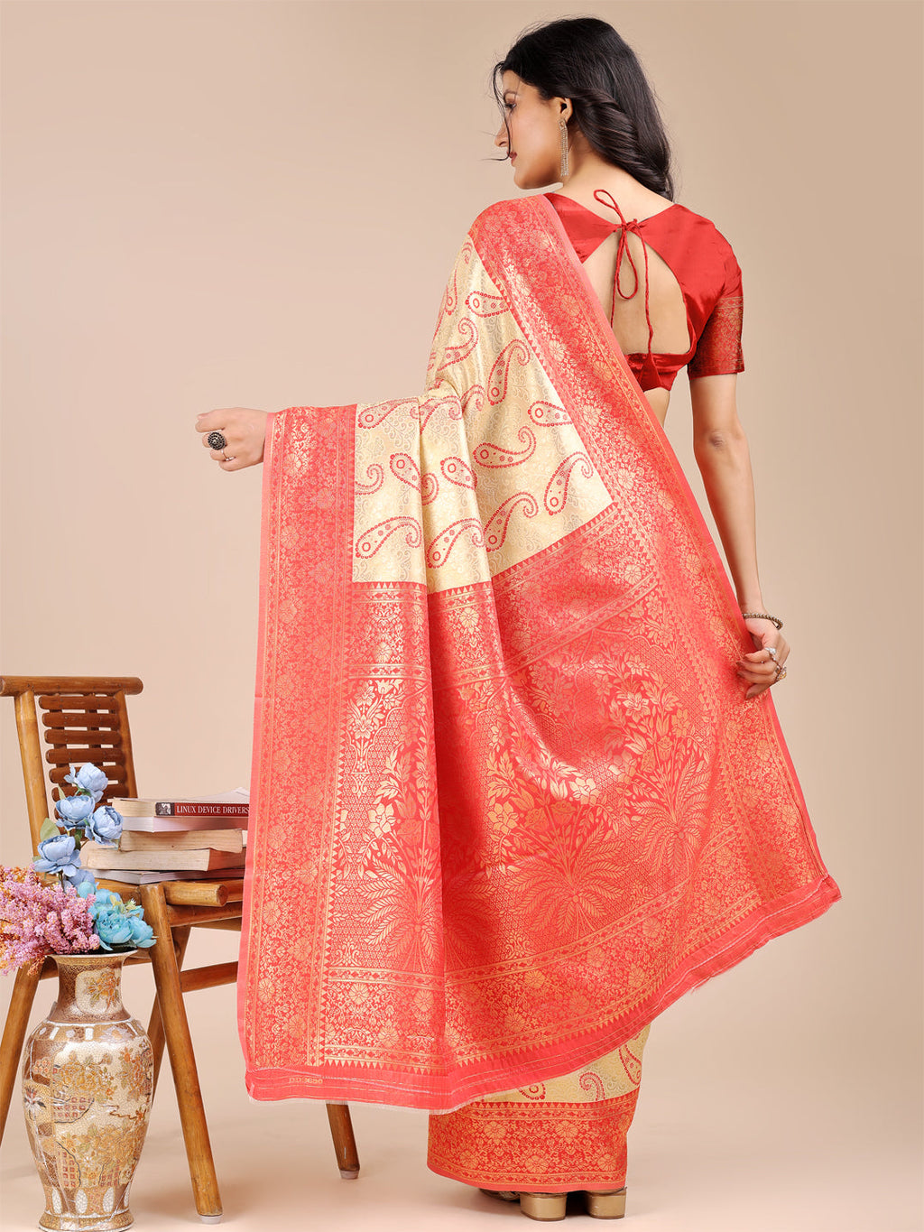 Shree Shyam Fashion Cream & Red Banarasi silk Woven Zari Work Traditional Tassel Saree | Grocsy