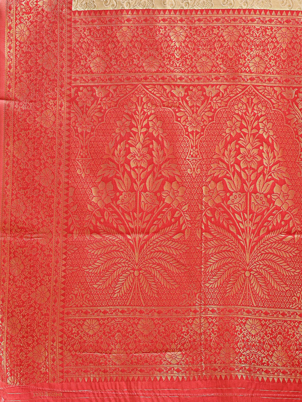 Shree Shyam Fashion Cream & Red Banarasi silk Woven Zari Work Traditional Tassel Saree | Grocsy