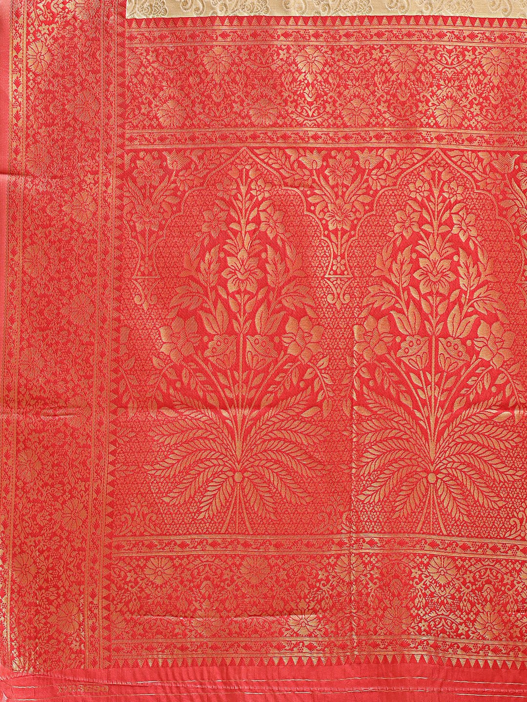 Shree Shyam Fashion Cream & Red Banarasi silk Woven Zari Work Traditional Tassel Saree | Grocsy