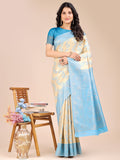 Shree Shyam Fashion Cream & Sky Blue Banarasi silk Woven Zari Work Traditional Tassel Saree | Grocsy
