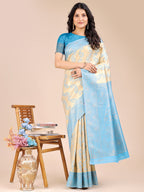 Shree Shyam Fashion Cream & Sky Blue Banarasi silk Woven Zari Work Traditional Tassel Saree | Grocsy