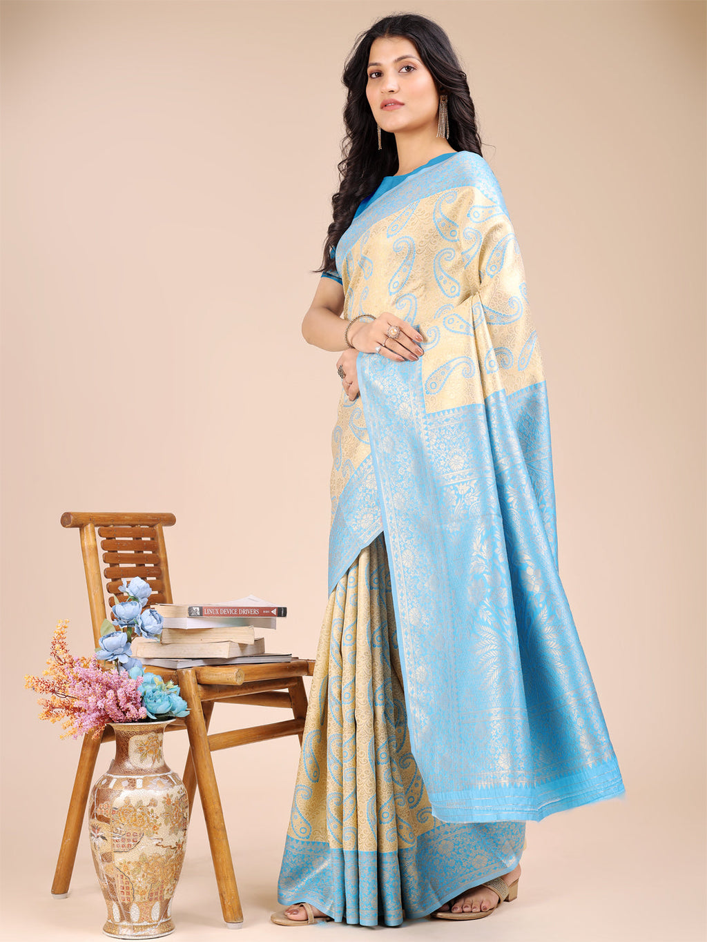 Shree Shyam Fashion Cream & Sky Blue Banarasi silk Woven Zari Work Traditional Tassel Saree | Grocsy
