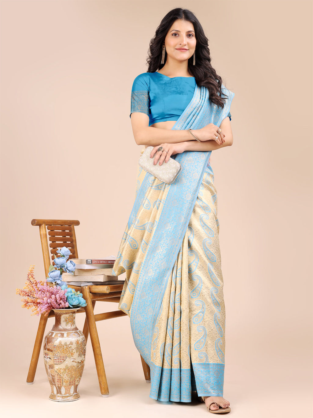 Shree Shyam Fashion Cream & Sky Blue Banarasi silk Woven Zari Work Traditional Tassel Saree | Grocsy