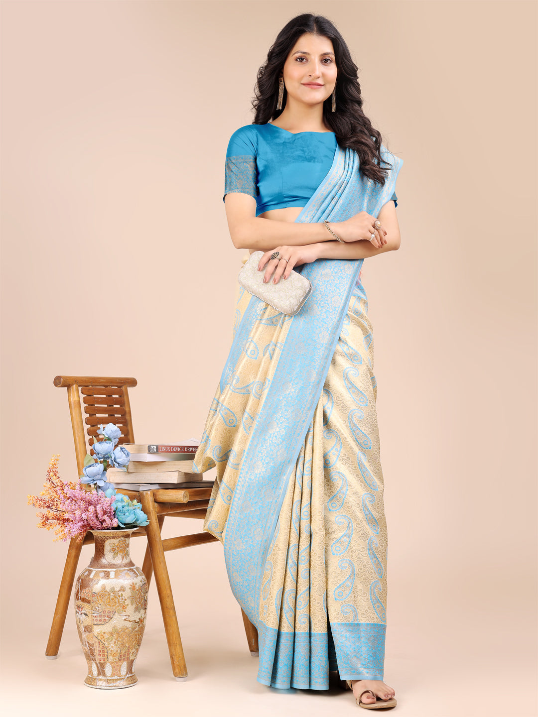 Shree Shyam Fashion Cream & Sky Blue Banarasi silk Woven Zari Work Traditional Tassel Saree | Grocsy