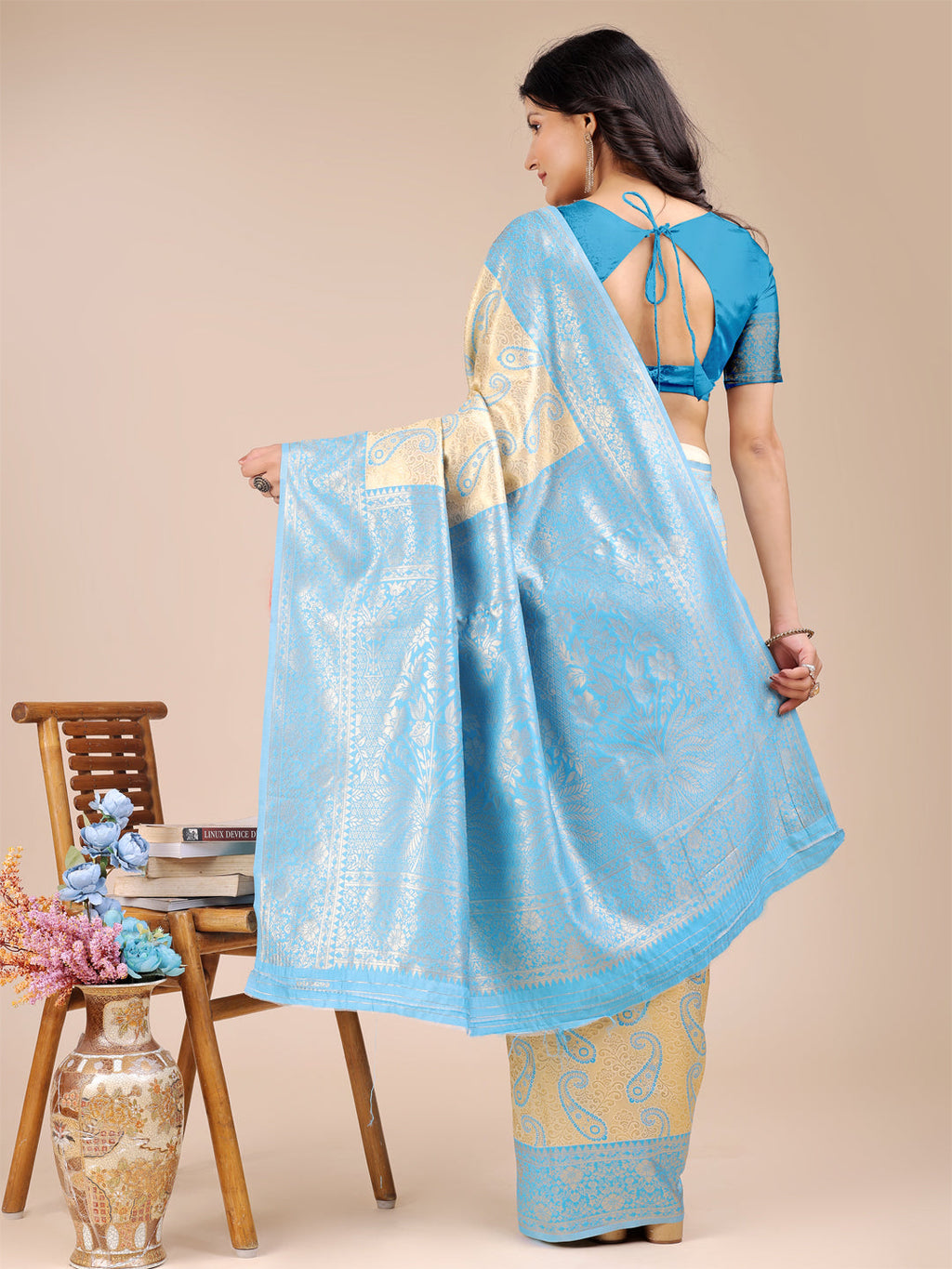 Shree Shyam Fashion Cream & Sky Blue Banarasi silk Woven Zari Work Traditional Tassel Saree | Grocsy