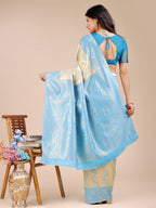 Shree Shyam Fashion Cream & Sky Blue Banarasi silk Woven Zari Work Traditional Tassel Saree | Grocsy