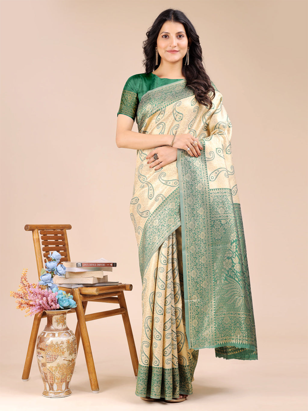 Shree Shyam Fashion Cream & Green Banarasi silk Woven Zari Work Traditional Tassel Saree | Grocsy