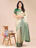 Shree Shyam Fashion Cream & Green Banarasi silk Woven Zari Work Traditional Tassel Saree | Grocsy