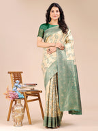 Shree Shyam Fashion Cream & Green Banarasi silk Woven Zari Work Traditional Tassel Saree | Grocsy