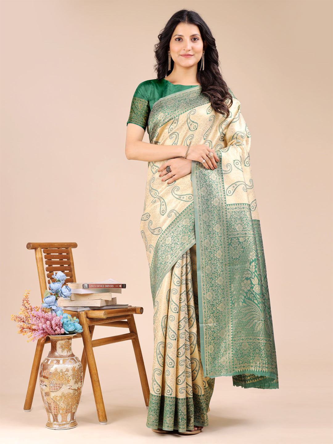 Shree Shyam Fashion Cream & Green Banarasi silk Woven Zari Work Traditional Tassel Saree | Grocsy