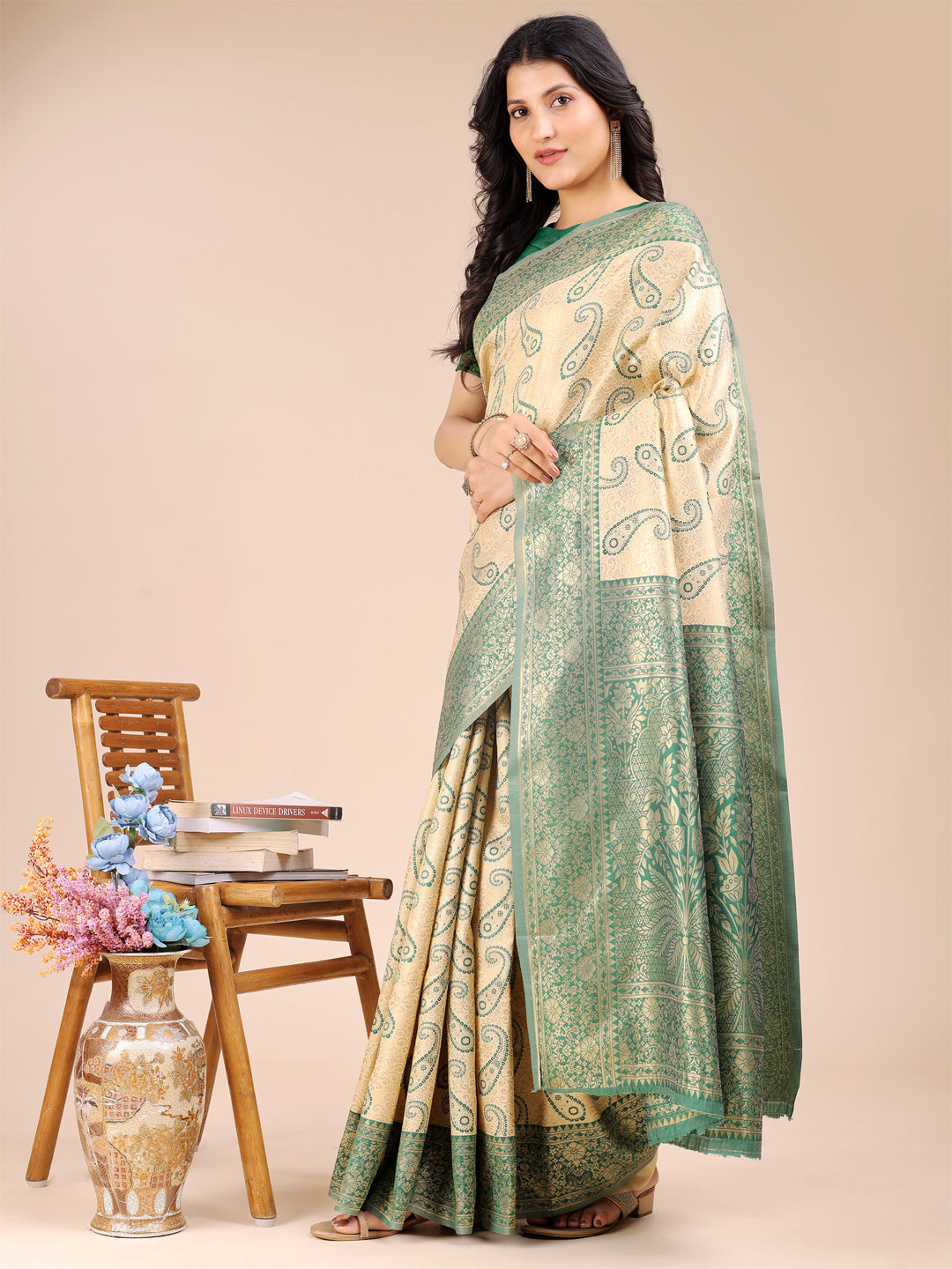Shree Shyam Fashion Cream & Green Banarasi silk Woven Zari Work Traditional Tassel Saree | Grocsy