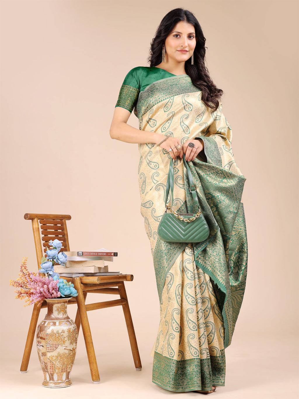 Shree Shyam Fashion Cream & Green Banarasi silk Woven Zari Work Traditional Tassel Saree | Grocsy
