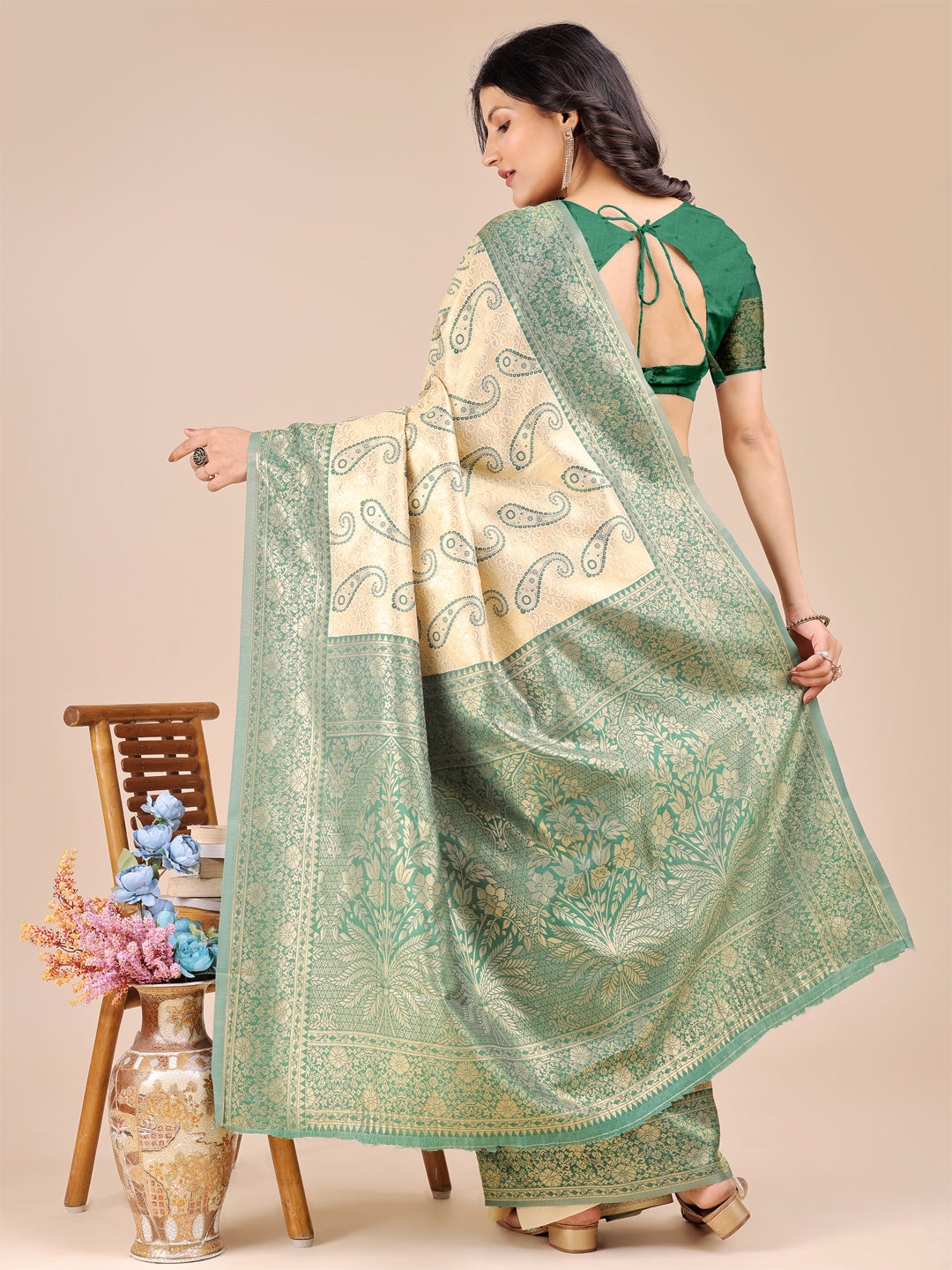 Shree Shyam Fashion Cream & Green Banarasi silk Woven Zari Work Traditional Tassel Saree | Grocsy
