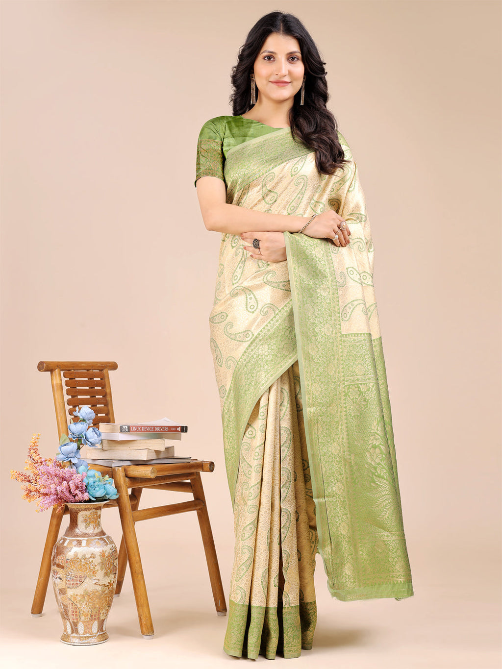 Shree Shyam Fashion Cream & Light Green Banarasi silk Woven Zari Work Traditional Tassel Saree | Grocsy