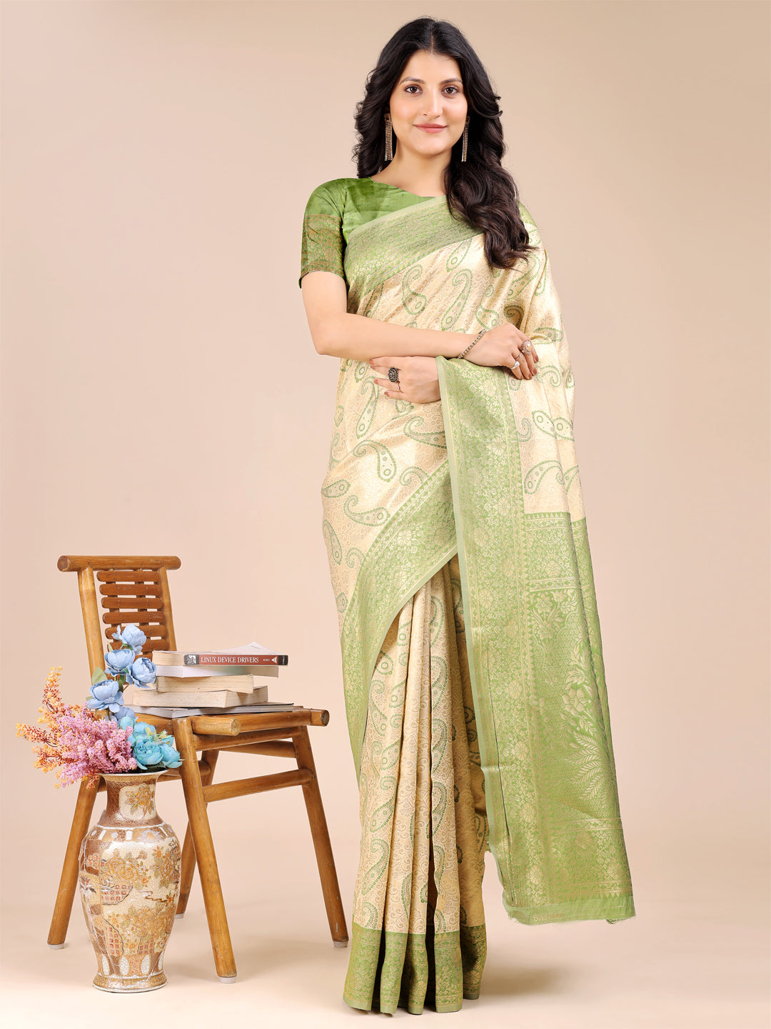 Shree Shyam Fashion Cream & Light Green Banarasi silk Woven Zari Work Traditional Tassel Saree | Grocsy
