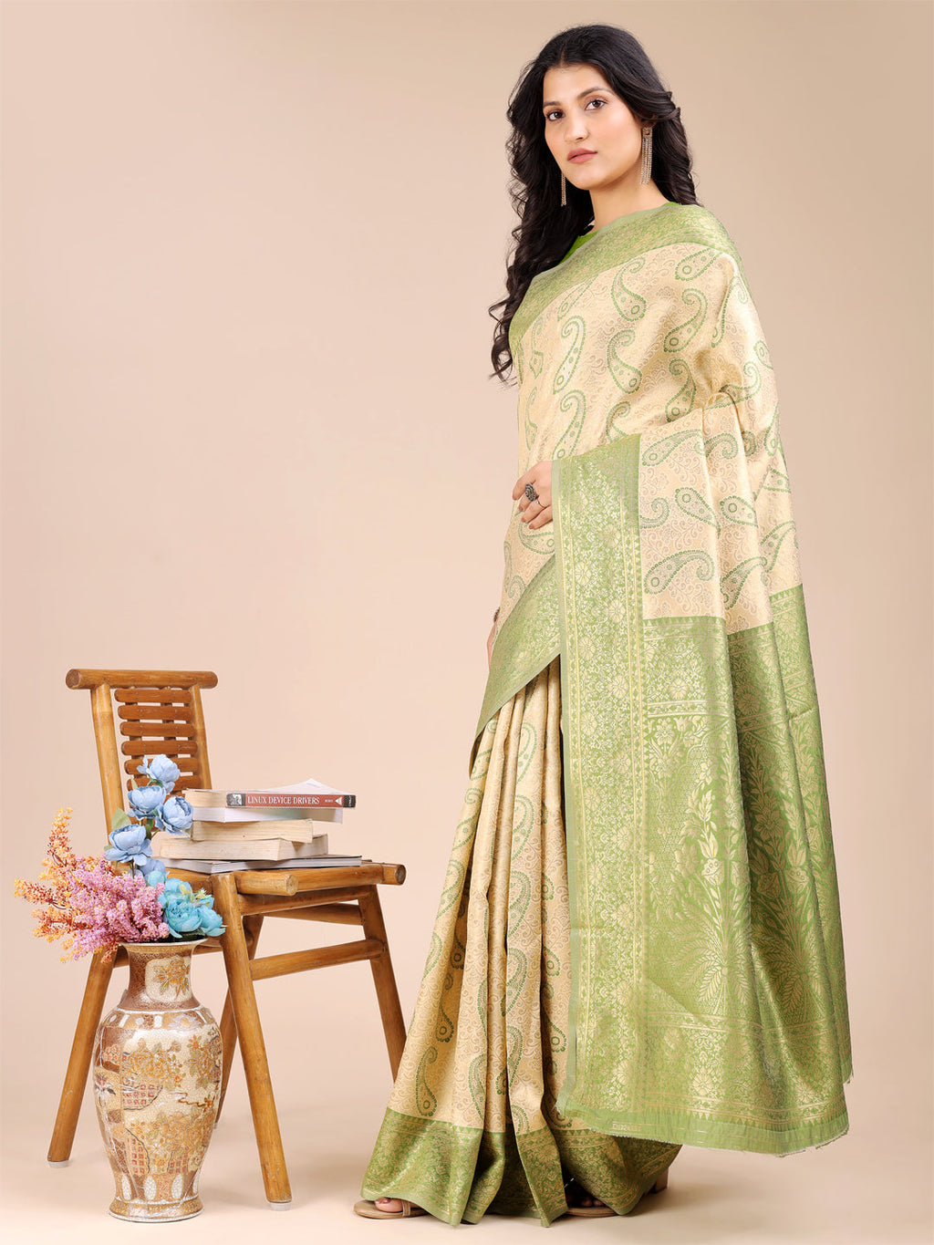 Shree Shyam Fashion Cream & Light Green Banarasi silk Woven Zari Work Traditional Tassel Saree | Grocsy