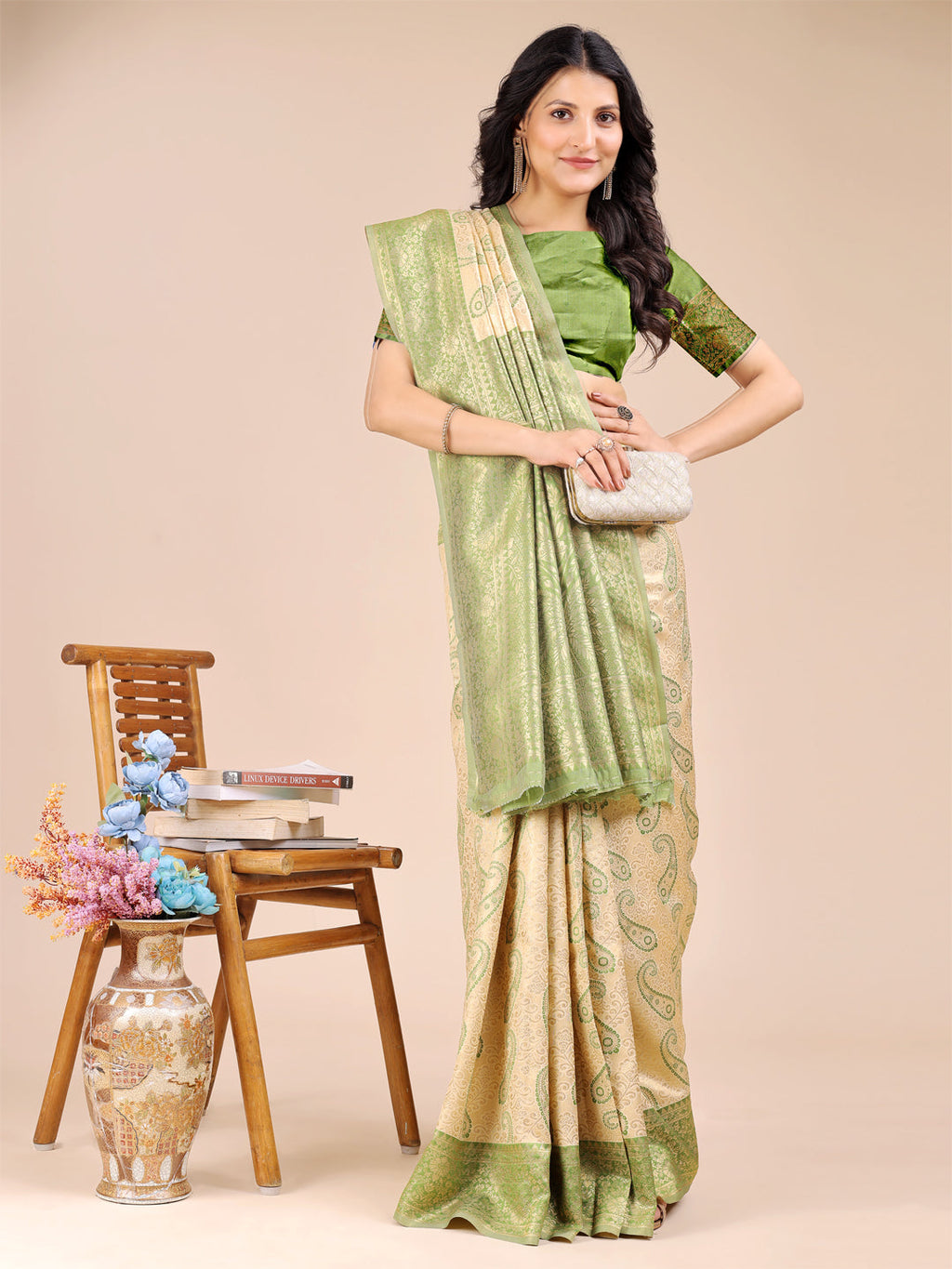 Shree Shyam Fashion Cream & Light Green Banarasi silk Woven Zari Work Traditional Tassel Saree | Grocsy