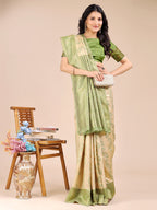 Shree Shyam Fashion Cream & Light Green Banarasi silk Woven Zari Work Traditional Tassel Saree | Grocsy