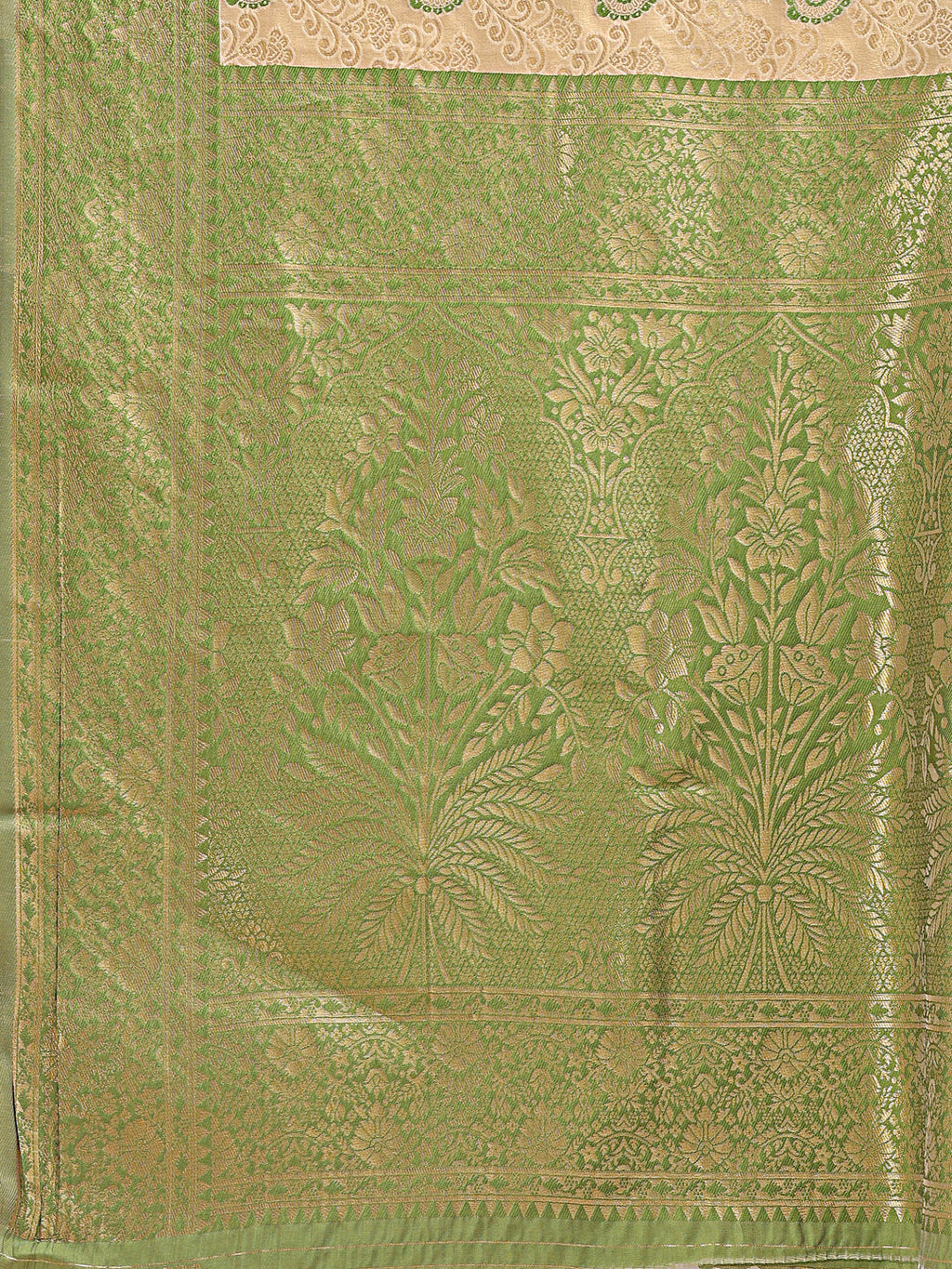 Shree Shyam Fashion Cream & Light Green Banarasi silk Woven Zari Work Traditional Tassel Saree | Grocsy
