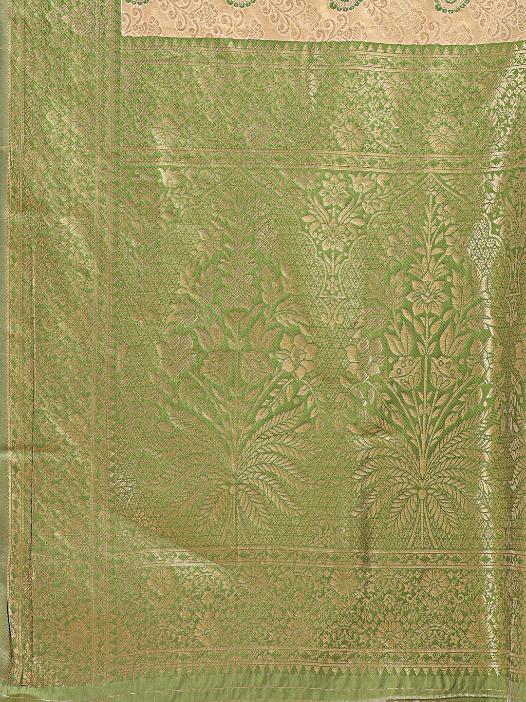 Shree Shyam Fashion Cream & Light Green Banarasi silk Woven Zari Work Traditional Tassel Saree | Grocsy