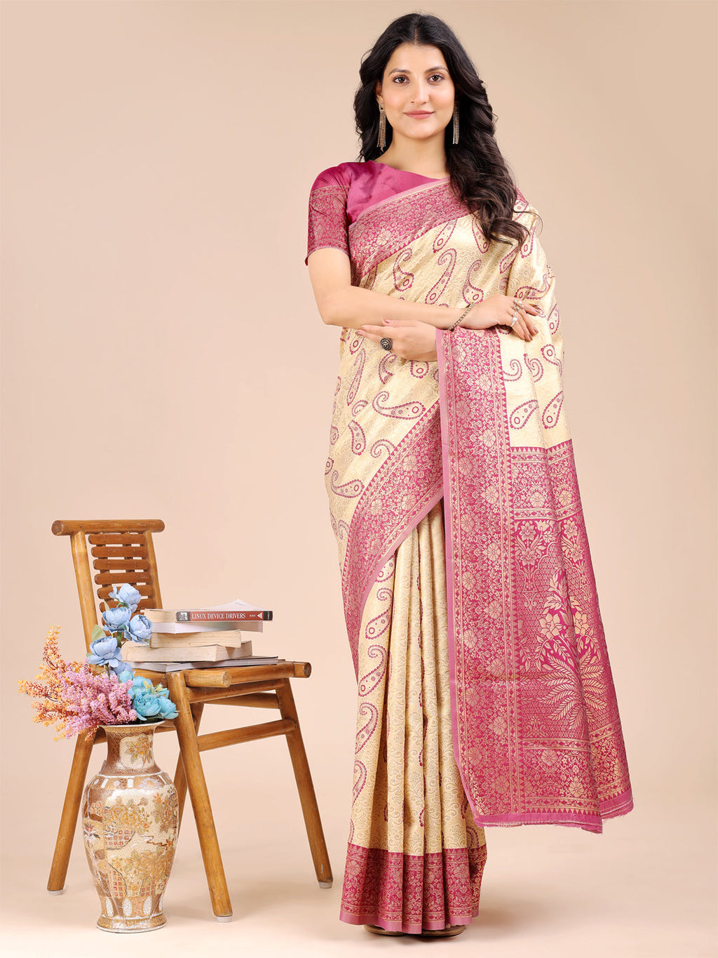 Shree Shyam Fashion Cream & Magenta Banarasi silk Woven Zari Work Traditional Tassel Saree | Grocsy