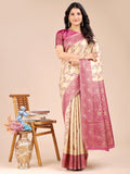 Shree Shyam Fashion Cream & Magenta Banarasi silk Woven Zari Work Traditional Tassel Saree | Grocsy