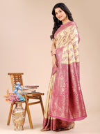 Shree Shyam Fashion Cream & Magenta Banarasi silk Woven Zari Work Traditional Tassel Saree | Grocsy