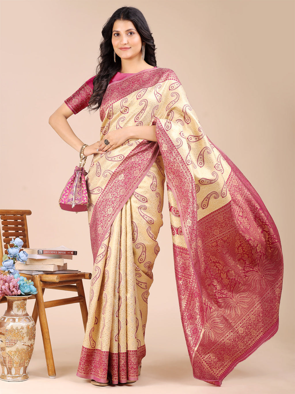 Shree Shyam Fashion Cream & Magenta Banarasi silk Woven Zari Work Traditional Tassel Saree | Grocsy