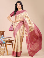 Shree Shyam Fashion Cream & Magenta Banarasi silk Woven Zari Work Traditional Tassel Saree | Grocsy