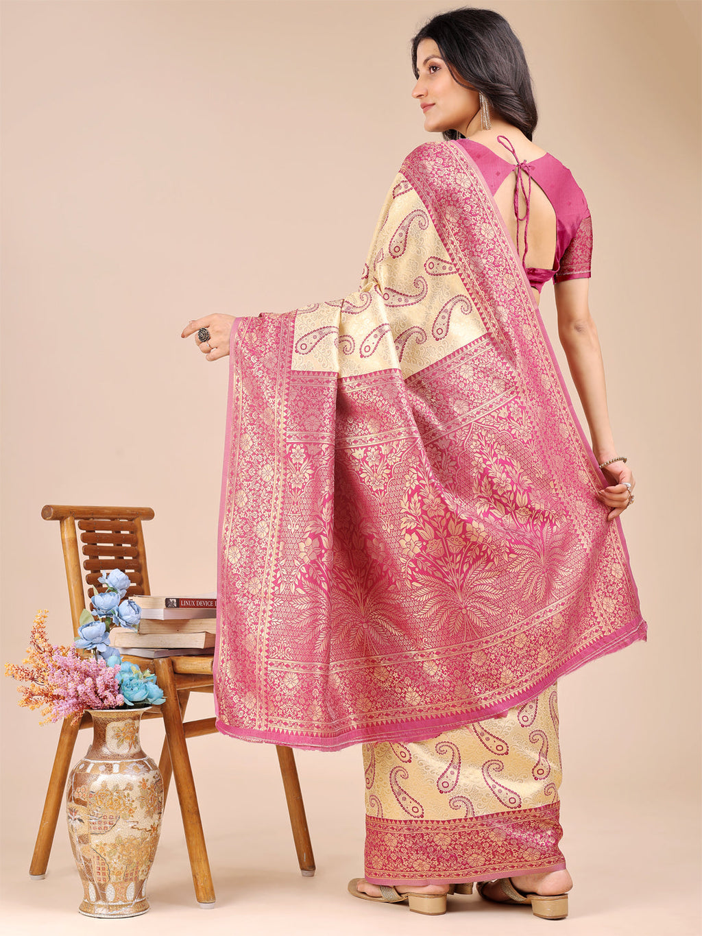 Shree Shyam Fashion Cream & Magenta Banarasi silk Woven Zari Work Traditional Tassel Saree | Grocsy