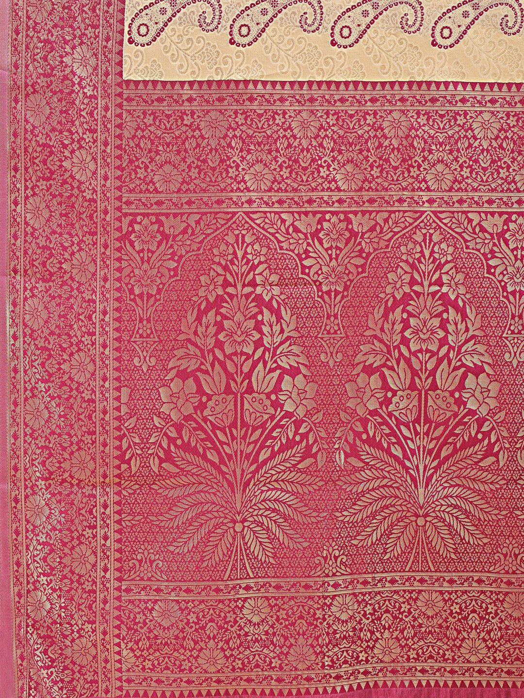 Shree Shyam Fashion Cream & Magenta Banarasi silk Woven Zari Work Traditional Tassel Saree | Grocsy
