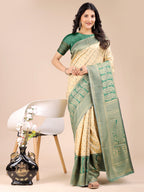 Shree Shyam Fashion Cream & Green Banarasi silk Woven Zari Work Traditional Tassel Saree | Grocsy