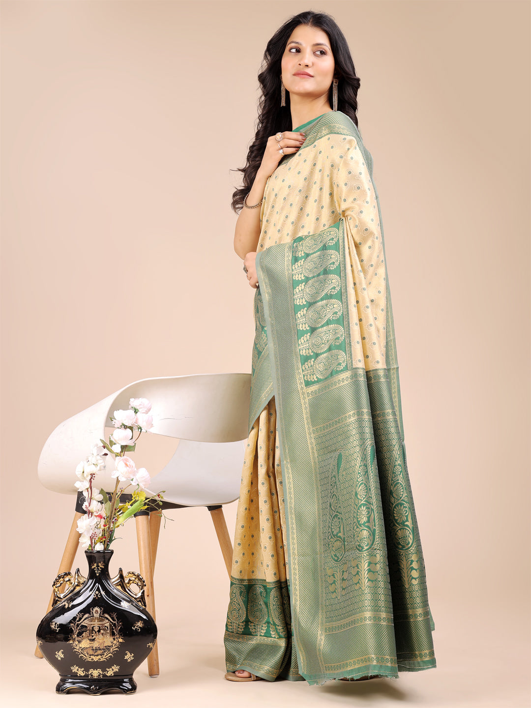 Shree Shyam Fashion Cream & Green Banarasi silk Woven Zari Work Traditional Tassel Saree | Grocsy