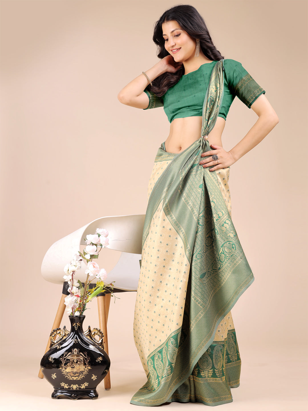 Shree Shyam Fashion Cream & Green Banarasi silk Woven Zari Work Traditional Tassel Saree | Grocsy
