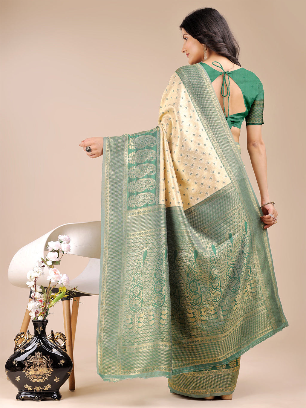 Shree Shyam Fashion Cream & Green Banarasi silk Woven Zari Work Traditional Tassel Saree | Grocsy