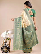 Shree Shyam Fashion Cream & Green Banarasi silk Woven Zari Work Traditional Tassel Saree | Grocsy