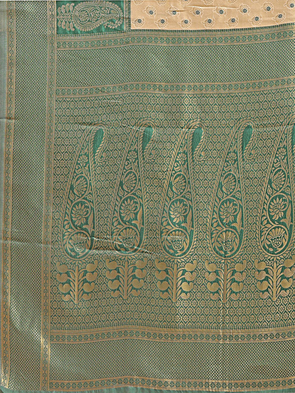 Shree Shyam Fashion Cream & Green Banarasi silk Woven Zari Work Traditional Tassel Saree | Grocsy