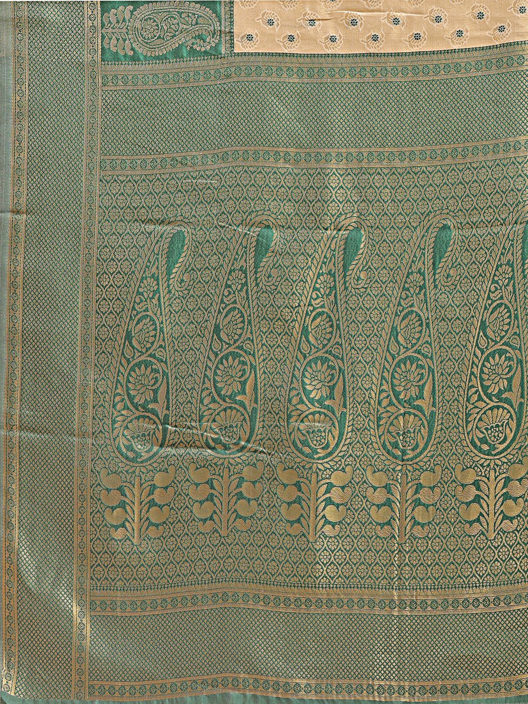 Shree Shyam Fashion Cream & Green Banarasi silk Woven Zari Work Traditional Tassel Saree | Grocsy