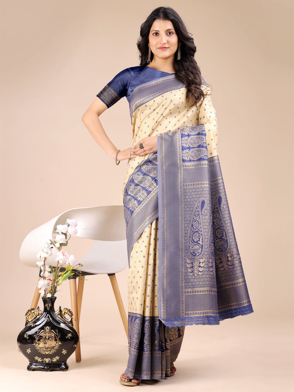 Shree Shyam Fashion Cream & Navy Blue Banarasi silk Woven Zari Work Traditional Tassel Saree | Grocsy