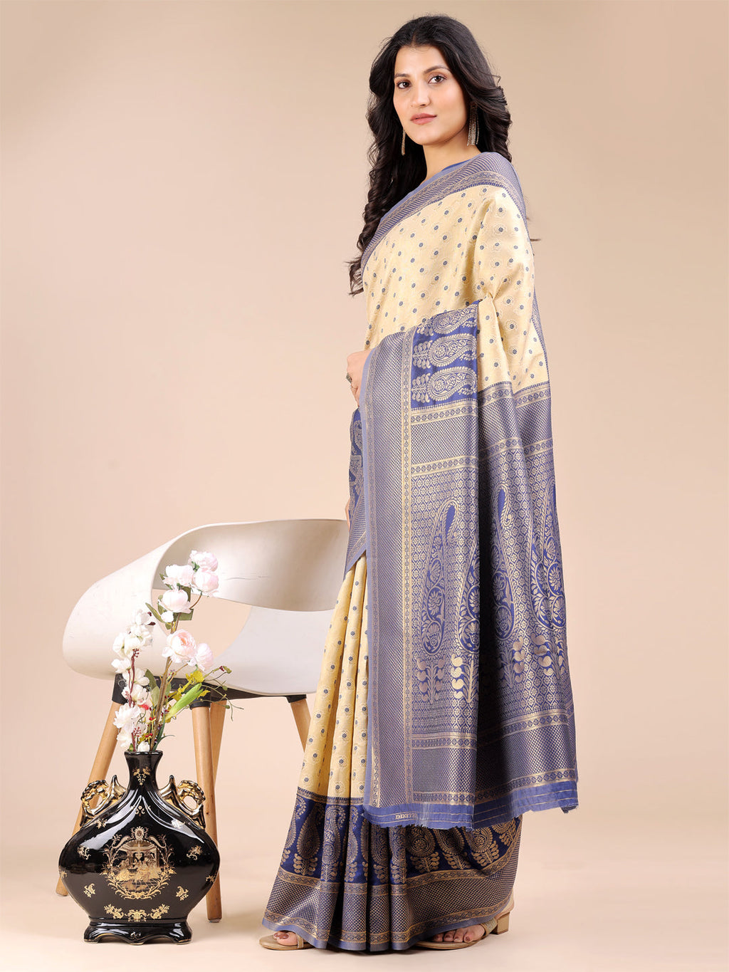 Shree Shyam Fashion Cream & Navy Blue Banarasi silk Woven Zari Work Traditional Tassel Saree | Grocsy