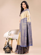 Shree Shyam Fashion Cream & Navy Blue Banarasi silk Woven Zari Work Traditional Tassel Saree | Grocsy